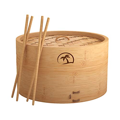 Dealzndealz 3-Piece Bamboo Steamer Basket With Lid 08-Inch 2-Tier, 50 Perforated Bamboo Steamer Liners With 2-Pairs Of Bamboo Chopsticks #TOP4