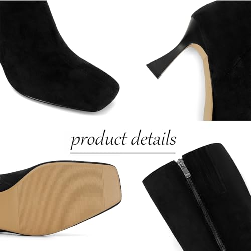 Image of Dsevht Black Leather Knee High Boots for Women Stiletto Kitten Heeled Sexy Boots Square Toe and Side Zipper Design Fashion Dress Boots
