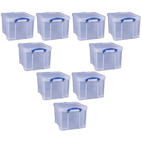 Image of Really Useful Box 32 Liters Storage Bin Container with Snap Lid and Clip Lock Handles for Lidded Home and Office Storage Organization, 9 Pack