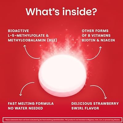 EZ Melts Dissolvable B-Complex - Vitamin B Complex - Provides Energy Metabolism & Heart Health Support - with Methylated B12 & Folate - Non-GMO & Vegan - Strawberry Swirl - 60 Tablets (60 Servings)