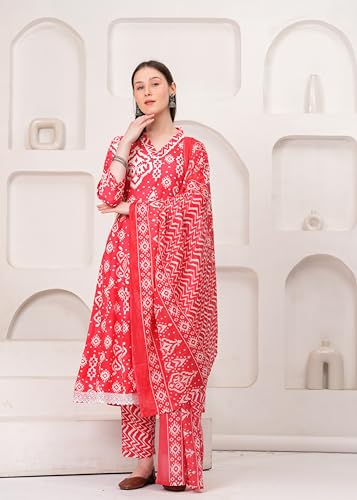 Image of Ethnic Villa Traditional Red Floral Anarkali Suit with Dupatta, Long Sleeve Cotton Dress Set, Printed Kurta Palazzo with Dupatta Set (Pack of 1)