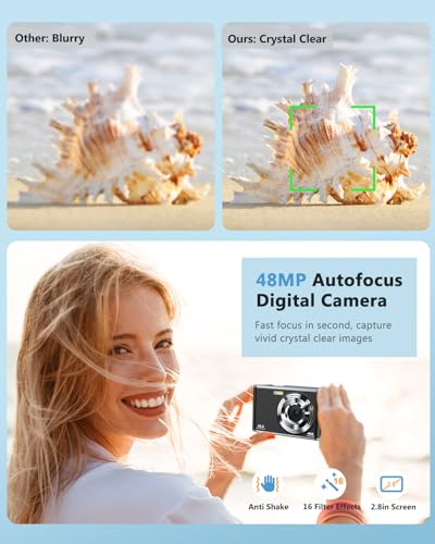 4K Digital Camera Autofocus Vlogging Camera Kids with Front Rear Lens, 32GB Card, 2 Batteries, 48MP 16X Digital Zoom Anti-Shake Time Stamp, Compact Travel Selfie Camera for Kid Teen Beginner(Black) - Image 5