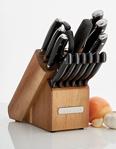 Sabatier 15-Piece Forged Triple Rivet Knife Block Set, High-Carbon Stainless Steel Kitchen Knives, Razor-Sharp Knife Set With Acacia Wood Block, Black Handles #TOP6