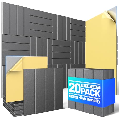 Image of 20 Pack Sound Proof Foam Panels for Walls, Acoustic Panels Self-Adhesive | 12 inch X 12 inch X 0.4 inch Slatted Soundproof Wall Panel, High Density Sound Absorbing Panel for Gaming Recording Studio Decor-Black