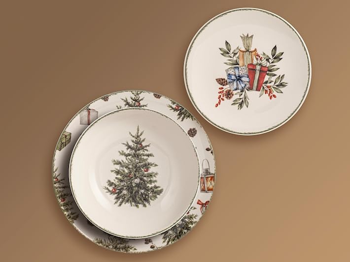 18-teiliges Weihnachts-Geschirrset aus Steinzeug für 6 Personen – Spülmaschinenfest & Mikrowellengeeignet – Inkl. Speiseteller, Dessertteller & Suppenteller (Frohe Weihnachten)