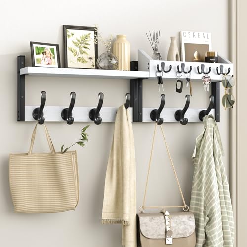 Image of Evermagin 29 inch Coat Rack Wall Mount with Shelf, 4 in 1 Coat and Key Hanger with 11 Metal Hooks, Entryway Wall Mounted Shelf with Mail Holder for Living Room, Bedroom, White