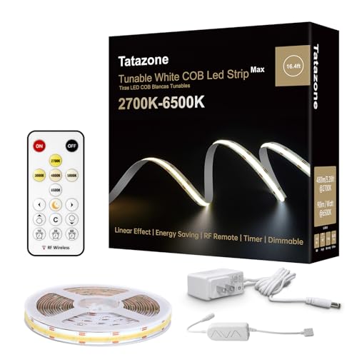 Tatazone 6.56ft Tunable White COB Led Strip Light with RF Remote, CRI93+ Dimmable CCT 2700K-6500K...