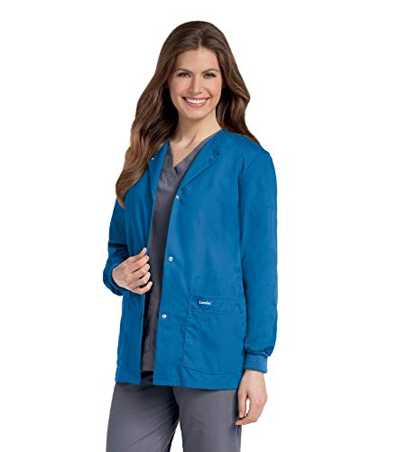 Landau Women's Premium Snap-Front 4-Pocket Crew Neck Warm-Up Scrub Jacket, Royal Blue, X-Large