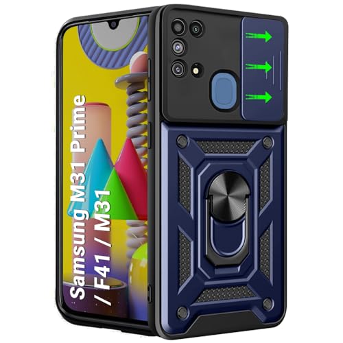 Image of TheGiftKart Tough Armor Bumper Back Cover Case for Samsung Galaxy M31 / F41 / M31 Prime | Ring Holder & Kickstand in-Built | 360 Degree Protection Back Case (PC & TPU, Sliding Camera Cover, Blue)