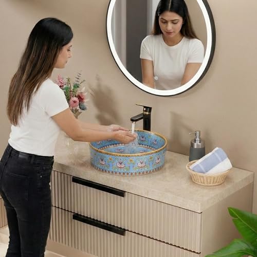 Image of BASSINO 16x16x5 Inches Designer Moroccan Ceramic Table Top Wash Basin /Glossy Blue Floral Art Bowl Sink for Bathroom /Handcrafted Round Countertop Washbasin for Office /Hotel(Glossy Blue)