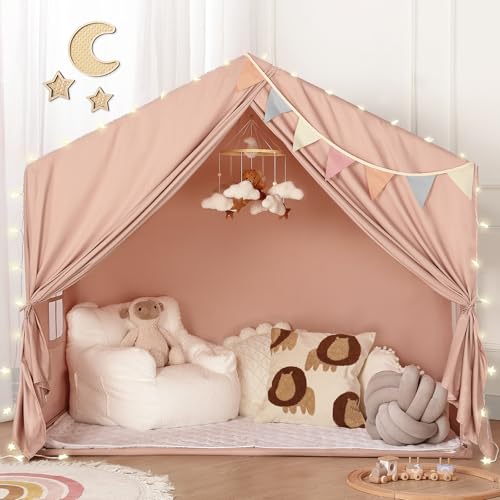 Sisticker Kids Play Tent Indoor - with Mat, Star Lights - Large Toddler Tents Playhouse for Girls Boys, Bed Tent for Bedroom Inside Birthday Gifts Toys(Brown)
