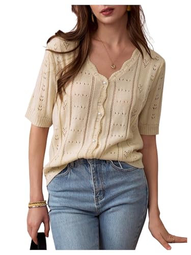 Verdusa Women's Pearl Beaded Button Front Sweater Short Sleeve V Neck Lightweight Knitwear