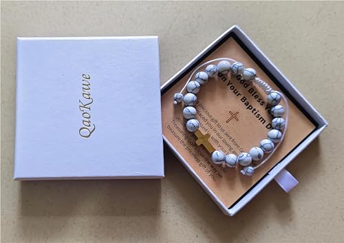 Image of Girl 18K Gold Plated Cross Bracelet - 1st Communion, Baptism, Girl Confirmation Gift, Girl Turquoise Jewelry. (White turquoise), 10 inches