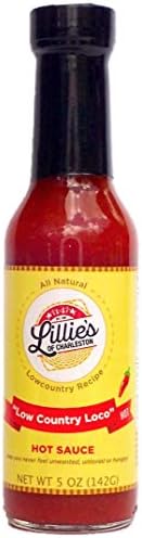 Lillie's of Charleston Low Country Loco Natural Hot Sauce| No Preservatives, Vegan & Lower Sodium | Great on Buffalo Wings, Oysters, Shrimp, Seafood, Scrambled Eggs, Grits and Veggies | 5 oz Bottle
