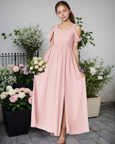 Flower Girl Dresses for Wedding Off The Shoulder Chiffon Dress with Slit Junior Bridesmaid A-Line Prom Gown Communion Dress2