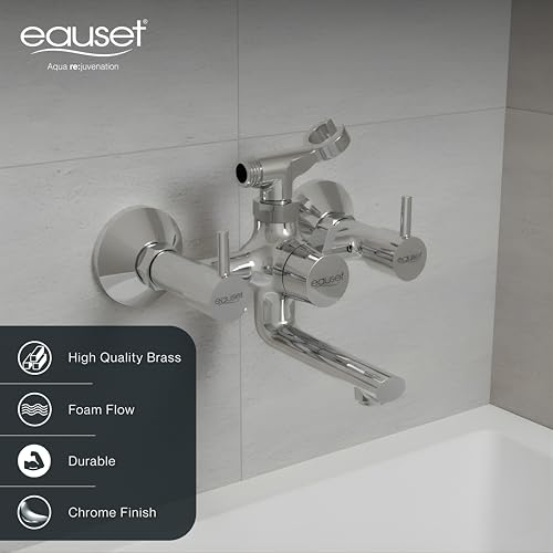 Image of Eauset Plus Brass Bath Mixer with Crutch | Wall Mounted Hot & Cold Bath Shower Mixer Tap | Leak Resistant Bathroom Faucet | Adjustable Hot Limit | Polished Finish