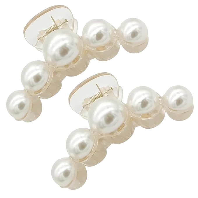 LV Global Korean Style 7CM Cm design 2Piece Combo Big pearl Plastic Hair Claw Clips White Strong Hold Hair Jaw Clips L Size Barrettes Accessories for Women Thick Thin Hair Styling Clamp
