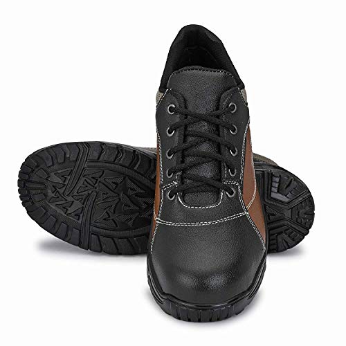 AEGON Thunder Men's Industrial Water Resistant Anti Skid Leather Safety Shoes with Steel Toe - Black & Brown, Size 6