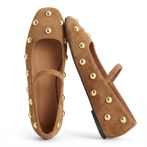 RBTHOLP Studded Flats for Women Suqare Toe Slip on Suede