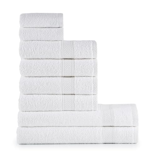 nottoc Set Asciugamani Bagno Bianchi, Hotel, 100% Cotone, 2 Telo Doccia 70x140cm + 4 Asciugamani 50x90cm + 2 Asciugamani Ospiti 30x50cm, Asciugamani Bagno Viso e Bidet, Morbidi, Assorbenti Bianco