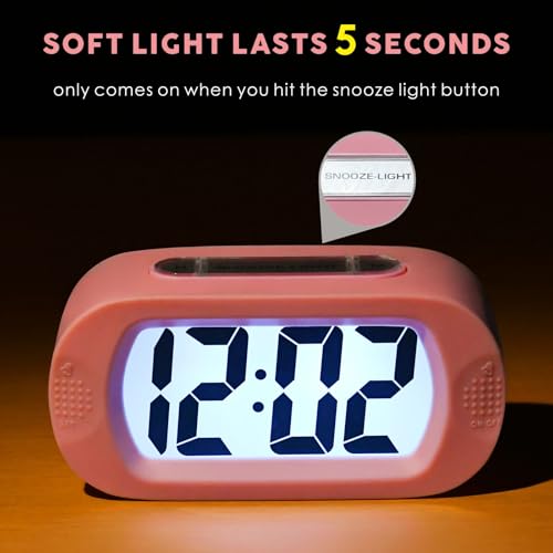 Image of Plumeet Kids Alarm Clock Large Digital LCD Travel Alarm Clocks with Snooze and Night Light - Ascending Sound and Handheld Size - Best Gift for Kids (Baby Pink)