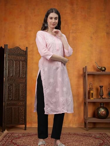 Image of Seva Chikan Hand Embroidered Lucknowi Chikankari Appricoat Peach Terivoil Cotton Kurta for Women SCL4603