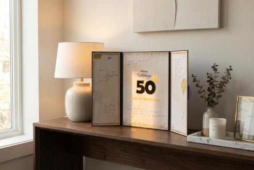 Image of DOUBLESHOOT 50th Birthday Guest Book Alternative Black Gold Party Decorations for Men 12 inchx18 inch - 50 Years Sign in Poster Card Gift - Fifty Party Signature Book Keepsake - Table Centerpiece Decor