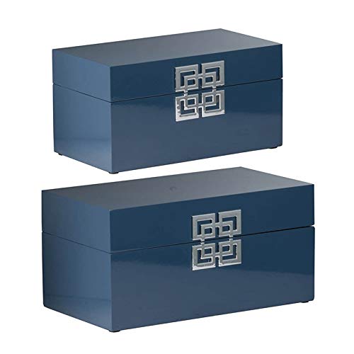 A & B Home Decorative Jewelry Boxes Organize Modern Oriental Style Set Of 2 Blue With Silver Patterns 13.6" X 11.4" #TOP23