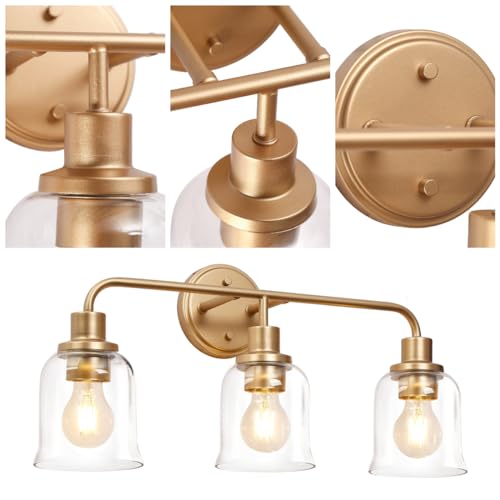 Image of KSANA Gold Bathroom Vanity Light Fixtures with Clear Glass Shade, 3-Light Modern Bathroom Vanity Lights Over Mirror, 22.8 inchx7.3 inchx10.8 inch