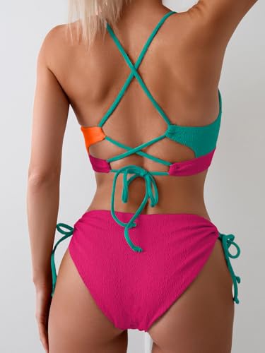 Image of B2prity Tie Bikini Top Set Sexy Push Up 2 Piece Swimsuit Color Block Bathing Suit Full Coverage Swimwear for Curvy Women
