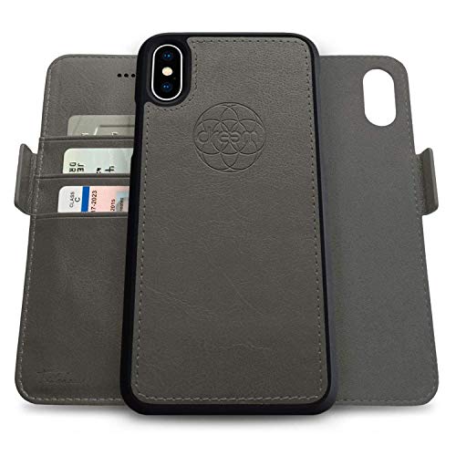 Image of dreem Fibonacci 2-in-1 Wallet Case for Apple iPhone X & Xs - Luxury Vegan Leather, Magnetic Detachable Shockproof Phone Case, RFID Card Protection, 2-Way Flip Stand - Grey