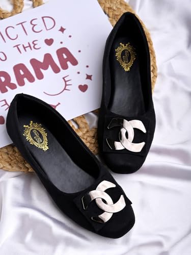 Image of Women's Suede Ballet Flats with Decorative Buckle - Slip-On Casual Bellies