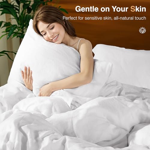SONORO KATE 100% French Linen Duvet Cover Full Size, Soft Breathable for Hot Sleepers, Moisture Wicking & Durable Cover Set - Zipper Closure & 4 Corner Ties Duvet Covers 3 Piece (White,Full)