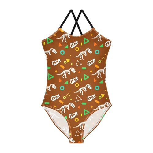 Dinosaur Dino Fossil Skull Brown Girls One Piece Swimsuit Beach Swimwear 2301652