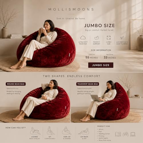 Image of Mollismoons Limited Edition Luxury Faux Fur Bean Bag XXXXL 50 Inch Single Seater, Super Soft with Durable Matte Base, Bean Bag Chair Cover Without Beans (Cherry Maroon Dark)