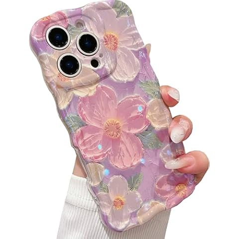 Shinymore for iPhone 16 Pro Max Case,Soft Retro Oil Painting Flower Pattern Cute Pretty Shiny Wave Camera Protector Case Sparkly Floral Cover Case for Women Girls -Purple Cover