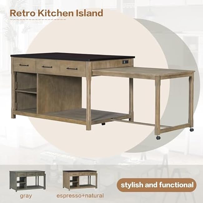 Extendable Kitchen Island with Storage, Multi-Functional Kitchen Cart with Built-in Power Outlets, Retro Kitchen Island on Wheels with Drawers-ygeqWuUr