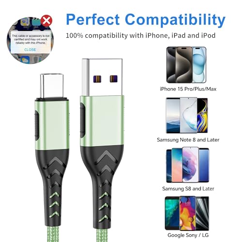 Image of Durcord 2Pack 3ft USB A to USB C Cable - 3 Foot Premium Nylon Braided Type C Cord for Android Phone, Pad, Laptop - Light Green