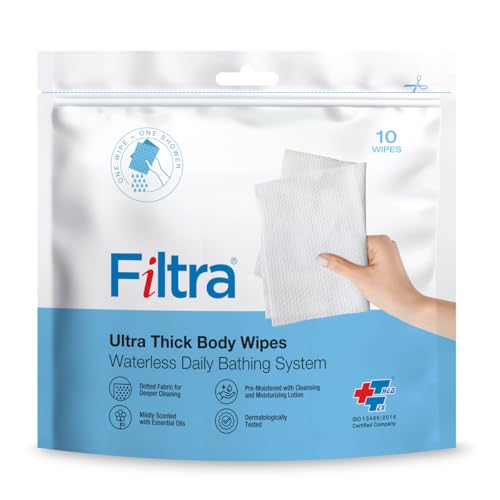 Image of Filtra Ultra Thick Body Wipes | Pre-Moistened & Extra Large for Body Sponging, Bed Bath & Post-Workout Freshness | Mildly Scented | Re-Sealable Zip Lock Pouch of 10 (Pack of 1)