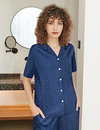 Ekouaer Womens Satin Capri Pajamas Short Sleeve Sleepwear Silk Soft Button Down Loungewear Pjs Set V-Neck Pajamas Navy Blue Leopard Print Medium #TOP1