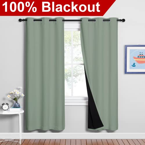 Image of NICETOWN 100% Blackout Window Curtain Panels, Full Light Blocking Drapes with Black Liner for Nursery, 72-inch Drop Thermal Insulated Draperies (Greyish Green, 2 Pieces, 42-inch Wide Per Panel)