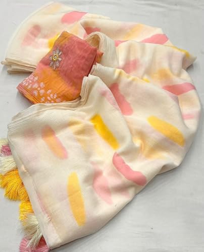 Image of Pure Linen Cotton Paint Saree with Cotton Handwork Blouse, Lemonish White, 5.5 Meters