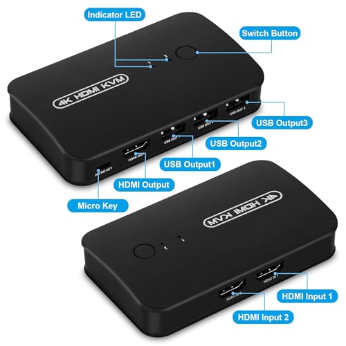 Image of HDMI USB KVM Switch 2 Port Selector Box for 2 Computers Share Keyboard Mouse Printer and 1 HD 4K Monitor, 2 KVM Cables Included (2 PORT HDMI USB KVM Switch Selector)