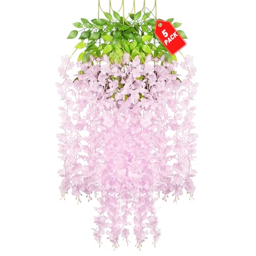 ZEBMOON 5 Pack Pink Wisteria Hanging Flowers, 3.44 Ft Fake Hanging Flowers, Artificial Wisteria Garland Vines for Wedding Room Backdrop Outdoor Patio Garden Decoration