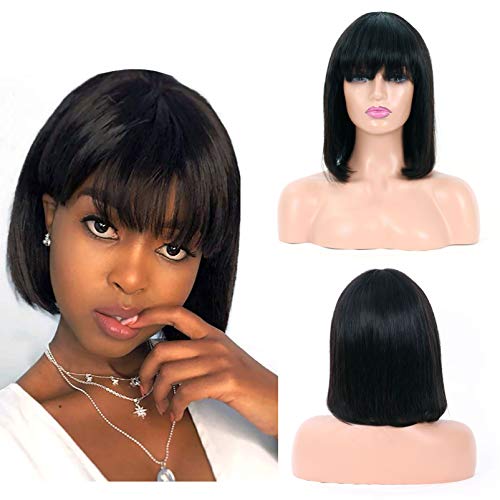 Short Bob Wig Human Hair None Lace Front 130% Density(12inch) Bob Wig with Bangs Machine Made Black Bob Wigs for Women