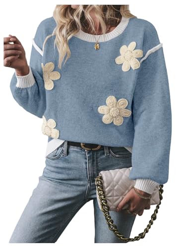 Image of RoseSeek Women's 3D Floral Appliques Crewneck Sweaters Long Sleeve Drop Shoulder Pullovers Elegant Knit Tops