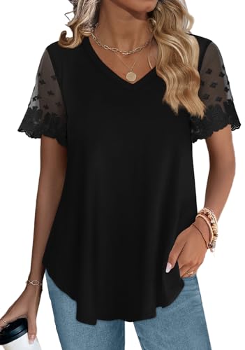 OFEEFAN Casual V Neck T Shirts for Women Lace Short Sleeve Curved Hem Tops Loose Fit3