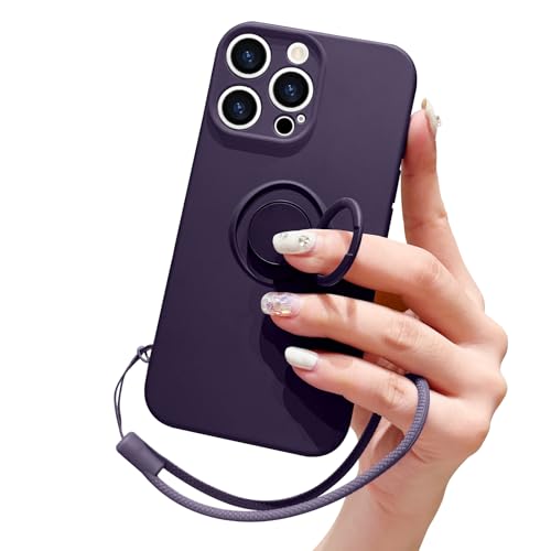 Pepmune Compatible with iPhone 16 Pro Max Case Liquid Silicone with Ring Holder Kickstand Magnetic Car Mount Detachable Wrist Strap Shockproof Soft Protective Cover-Dark Purple