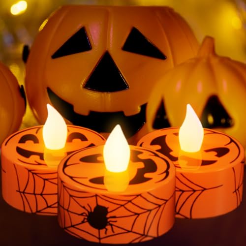 Image of GenSwin Pumpkin Spiderweb Halloween Flameless Candle Battery Operated Timer | Battery Included, LED Tealight Candles for Home Halloween Decoration Gifts, 12 Pack