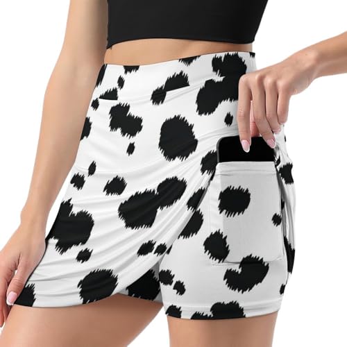 Quwuji Dalmatian Print Pattern Women's Skort High Waisted Athletic Skirt with Pockets for Running Sports Black